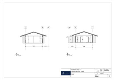 Snittegning (A-B og B-C) som viser tverrsnittet av en bygning med mål, dører og takform.