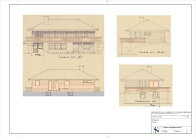Fasadetegning som viser bygningens utseende fra fire ulike retninger (Øst, Nord, Sør og Vest).
