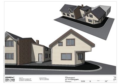 3D-visualisering (rendering) av en nybygd eller ombygd bolig. Bildet viser fasaden og volumet sett fra gaten.