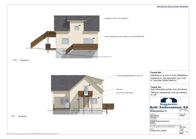 Fasadetegning som viser oppriss av bygningen sett fra øst og sør, med detaljer om vindusutskifting og balkongoppgradering.