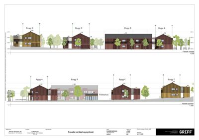 Fasadetegning som viser bygningenes utseende fra nordøst og sydvest, inkludert takform, fasadematerialer og trær.