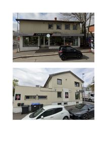 Fotografier av en eksisterende bygning (Chilli Fria) sett fra gaten, inkludert bilparkering og omgivelser.