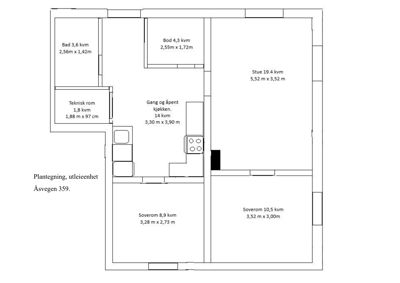 Etasjeplan (plantegning) som viser romfordeling, arealer og dimensjoner for en utleieenhet.