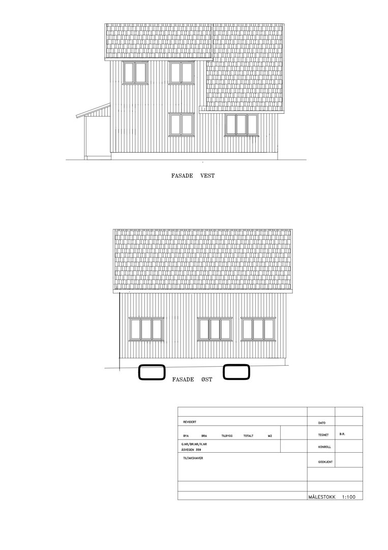 Tegning som viser fasadeopprikk for bygningens vest- og østsider.