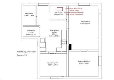 Plantegning av en utleieenhet på Åsvegen 359 med oppgitt romarealer og mål.