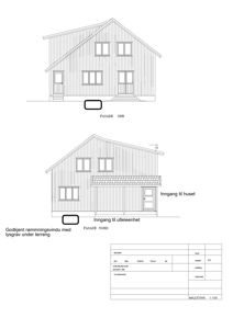 Fasadetegning som viser utsiden av en bygning sett fra sør og nord, med vinduer, dører og takform.