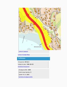 Kart over et område med støykart (rød og gul sone) langs en vei, samt trafikkdata (fartsgrense, årsdøgnsrafikk).