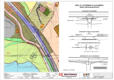 Situasjonsplan med avkjørsel, grøft og snittegninger for et byggprosjekt