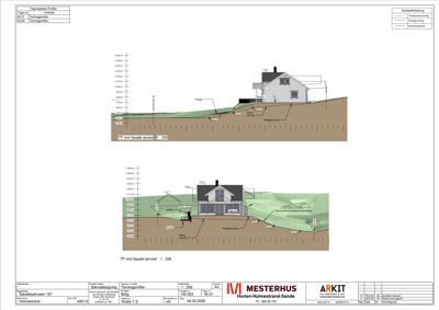 Snittegning (TP - Tverrsnitt) som viser bygningens høydeprofil, grunnforhold og terrengform sett fra siden.