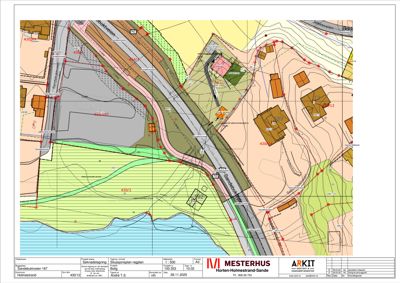 Situasjonsplan som viser tomtens beliggenhet i forhold til nabolag, vei (Sørbuktveien), høydeforhold (konturer) og arealbruk.