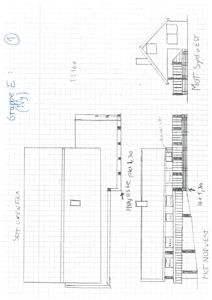 Håndtegnet fasadeoppvisning av en bygning sett fra to vinkler (mot nordvest og mot sydvest).