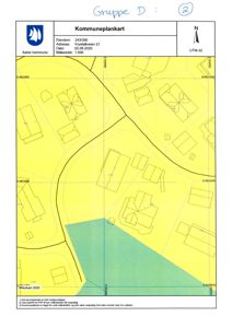 Kommuneplankart som viser eiendomsgrenser, naboeiendommer og bygningsplassering.