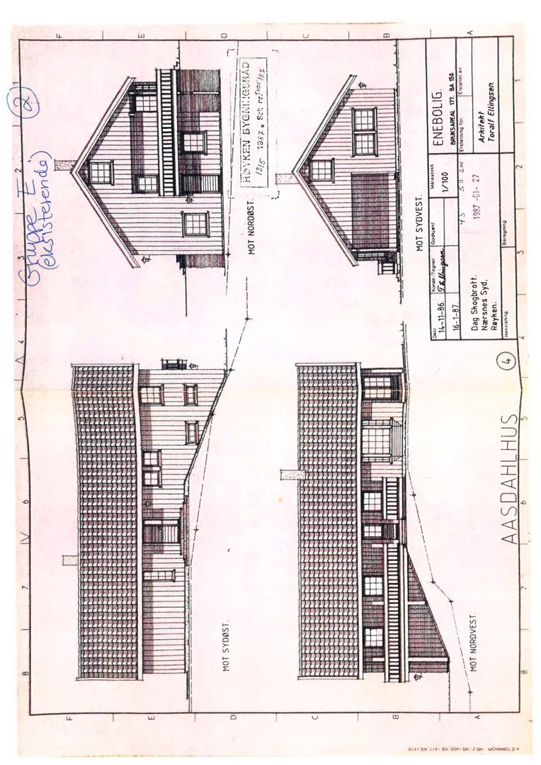Fasadetegning som viser bygningens utseende fra flere vinkler (mot nordøst, nordvest, sydvest, syvest).