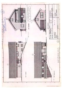 Fasadetegning som viser bygningens utseende fra flere vinkler (mot nordøst, nordvest, sydvest, syvest).