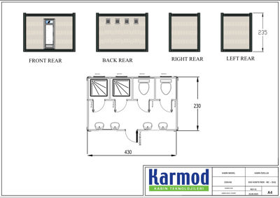 Tegning som viser detaljerte utsnitt av en toalettcontainer (front, back, right, left) samt et overordnet planutsnitt med mål.