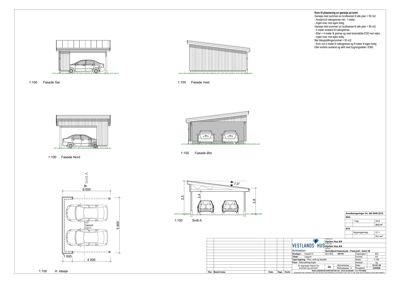 Bildet viser fasadetegninger (Fasade Sør, Vest, Nord, Øst) og et snitt (Snitt A) for en garasje, samt et planutsnitt (H. etasje) og en tegningsskrift.