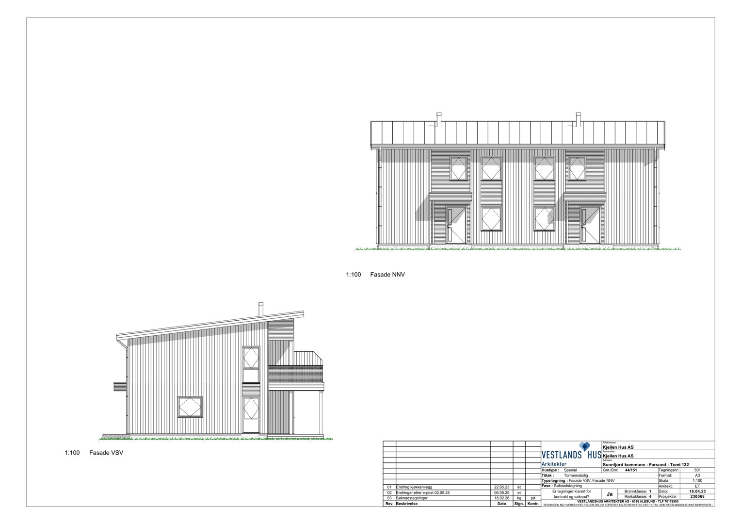 Fasadetegning som viser bygningens utseende fra to vinkler (NVV og VSV) med detaljer om vinduer, dører og takform.