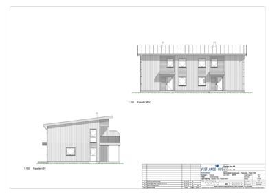 Fasadetegning som viser bygningens utseende fra to vinkler (NVV og VSV) med detaljer om vinduer, dører og takform.