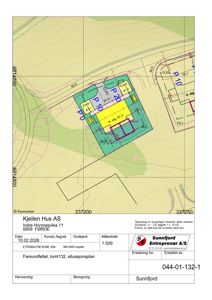 Situasjonsplan for Farsundfeltet, tomte 132, som viser bygningens plassering, høyder og tilpasning av bygninger.