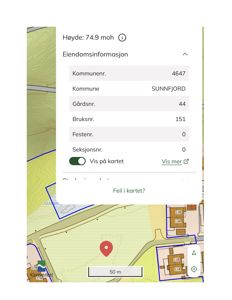 Kartutsnitt med eiendomsinformasjon (kommunenr, bruksnr, etc.) og topografiske linjer.