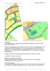 Bildet viser to planutsnitt som illustrerer byggefelt og lekeplasser i et område. Det er også inkludert tekst som forklarer reguleringsplanen, krav til vegstigning og byggegrunn.