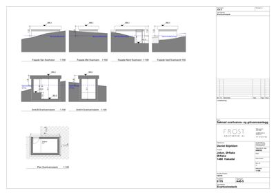 Teknisk tegning som viser detaljerte fasade- og snittegninger for en svartvannstank, inkludert mål og konstruksjonsdetaljer.