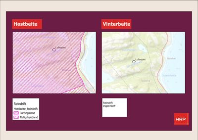Bildet viser to kart som illustrerer ulike beiteområder (Høstbeite og Vinterbeite) med topografiske detaljer, vannveier og arealbruk.