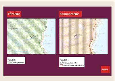 Kart som viser to ulike arealer (Vårbeite og Sommerbeite) med overlagte kartlag for reindrift og sommerland.