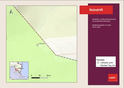 Kart over et område med topografiske linjer, en vei, og et punkt merket 'Luftesjakt'.