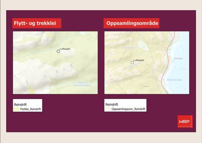 Kart som viser to områder: 'Flytt- og trekklei' og 'Oppsamlingsområde' med topografiske detaljer og reindriftsområder.