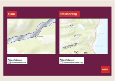 Kart som viser to aktsomhetssoner (Flom og Steinsprang) i et terreng med topografiske linjer og vannveier.