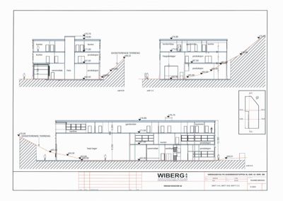 Snittegning som viser bygningens tverrsnitt, romfordeling, høyder og forhold til terreng.