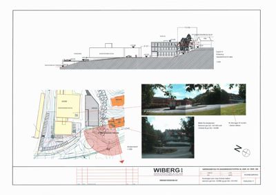 Situasjonsplan med tomt, bygninger, veier og illustrasjoner av eksisterende forhold.