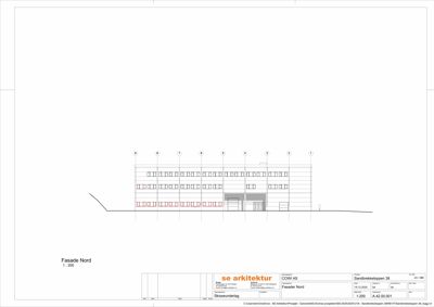 Fasadetegning (opprikk) av bygning sett fra nord, med vindusoppsett og inngangsdetaljer.