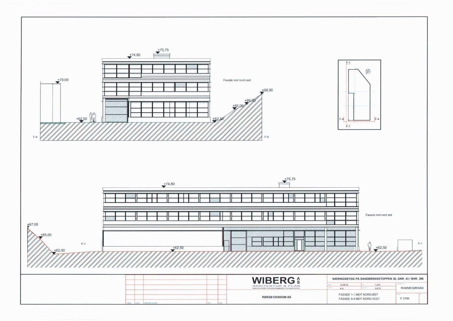 Fasadetegning som viser bygningens utseende sett fra nord-øst og nord-vest, inkludert høydemål og terrengforhold.