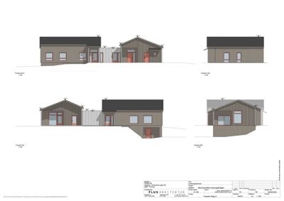 Fasadetegning som viser bygningens utsyn fra fire ulike vinkler (Nord, Vest, Sør og Øst).