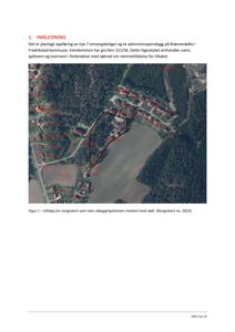 Et utklipp fra et kart (Norgeskart.no) som viser eiendomsgrenser og bygningsplasseringer i et nabolag.