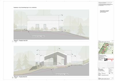 Bildet viser fasadetegninger for to bygninger (Vest og Øst) med oppriss, høydemål og terrengforhold.