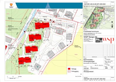 Situasjonskart som viser tomtens beliggenhet, nabolag, reguleringsgrenser og plassering av nye og ombyggede bygg.
