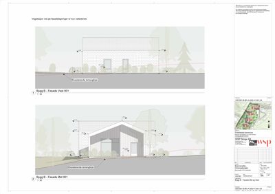 Fasadetegning som viser bygningens utseende fra vest og øst, inkludert materialvalg (stein, panel), dører, vinduer og terrengforhold.