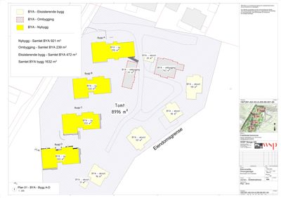 Situasjonsplan som viser tomt, eiendomsgrenser og plassering av eksisterende og planlagt bygg med arealopplysninger.