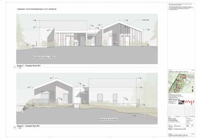 Fasadetegning som viser byggets utseende sett fra nord og syd, inkludert eksisterende terreng.