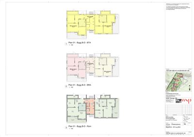 Bildet viser tre etasjeplaner (BTA, BRA og Rom) for en bygning med romfordeling og arealoppdelinger.
