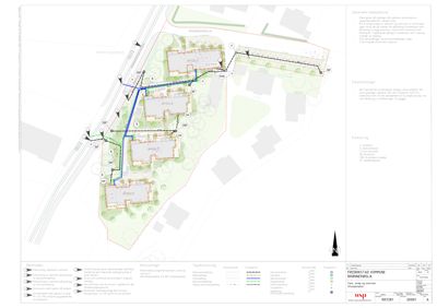 Situasjonsplan som viser tomtens grenser, plassering av bygninger (A-D), veier, parkeringsplasser og vegetasjon.