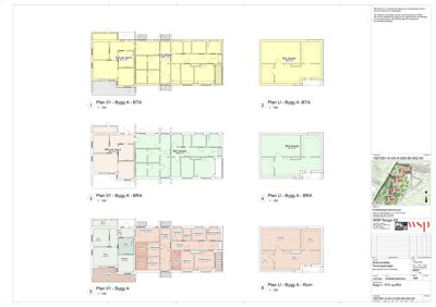 Bildet viser en samling av etasjeplaner (Plan 01) for ulike bygninger (Bygg A - BTA, BRA, Rom) med romfordeling og mål.