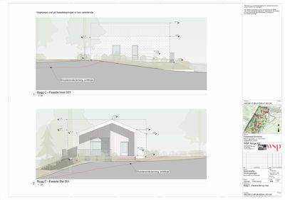 Fasadetegning som viser byggets utsyn fra vest og øst, inkludert terrengforhold og eksisterende terrang.