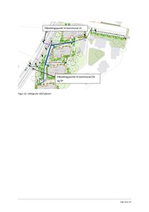 Situasjonsplan som viser utlegging av VA-anlegg (vann og avløp) på tomten, inkludert rørledninger, tilkoblingspunkter til kommunale ledninger og beplantning.