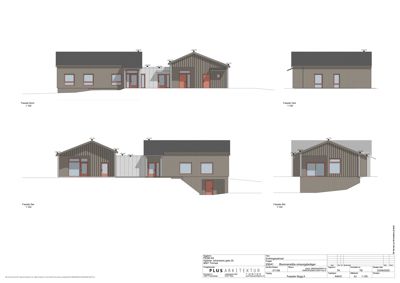 Fasadetegning som viser bygningens utsyn fra fire ulike sider (Nord, Sør, Øst og Vest).