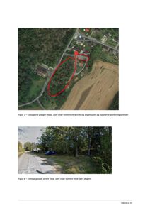 Bildet viser to utklipp fra Google Maps (satellittbilde og street view) som illustrerer tomtens beliggenhet, omgivende natur og eksisterende bebyggelse.