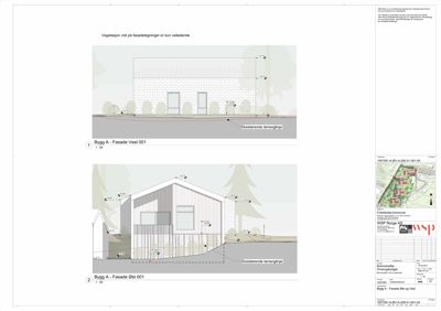 Fasadetegning som viser bygningens utseende fra vest og øst, inkludert materialvalg, vinduer og terrengforhold.